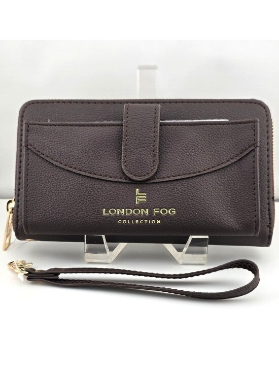 London Fog Handbags - NWOT London Fog Brown Faux Leather Wristlet Wallet Gold Accents & Zipper Closure